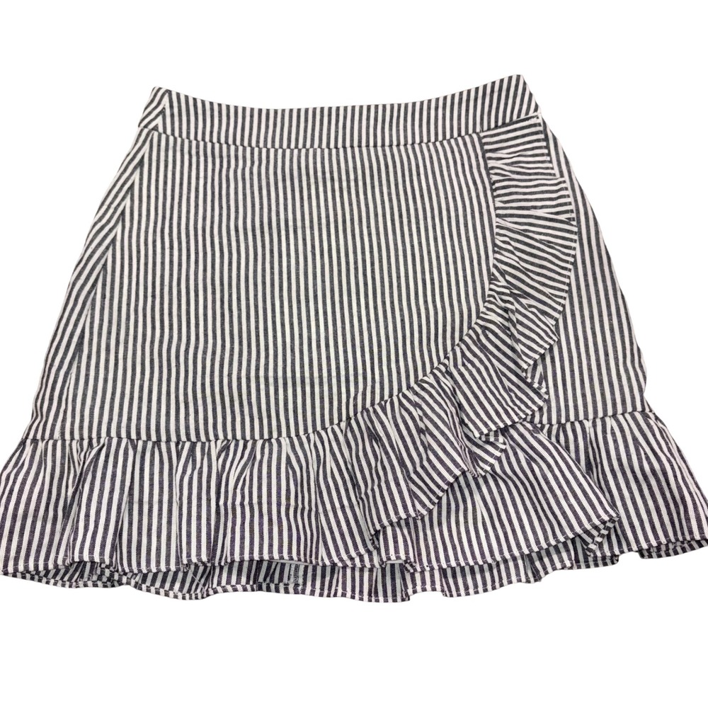 Mini Skirt Womens Small Blue White Striped Ruffle Wrap Front Addie